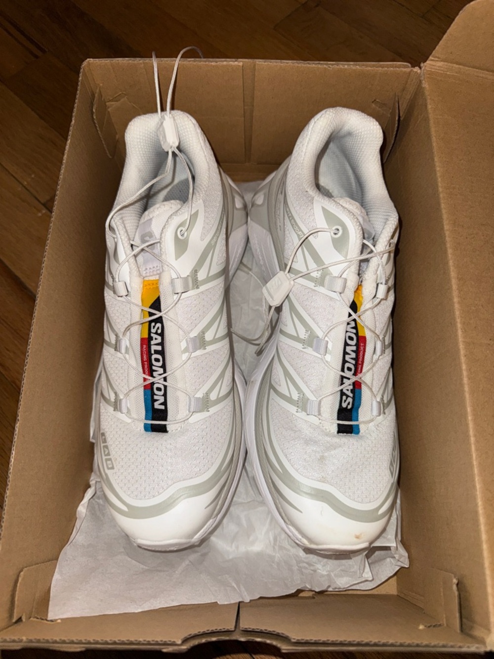 Salomon White Trail Runners with Black and Blue Logo Strip